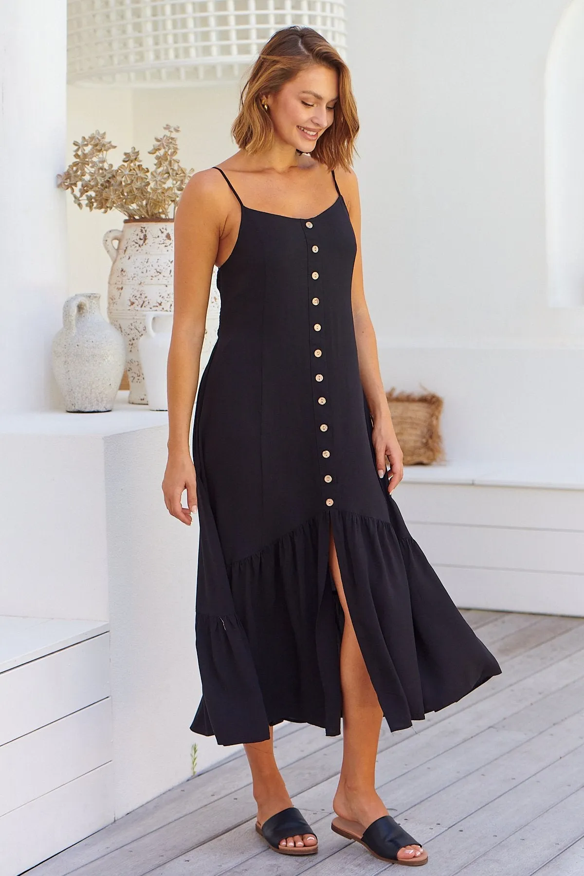 Megan Black Button Front Midi Dress