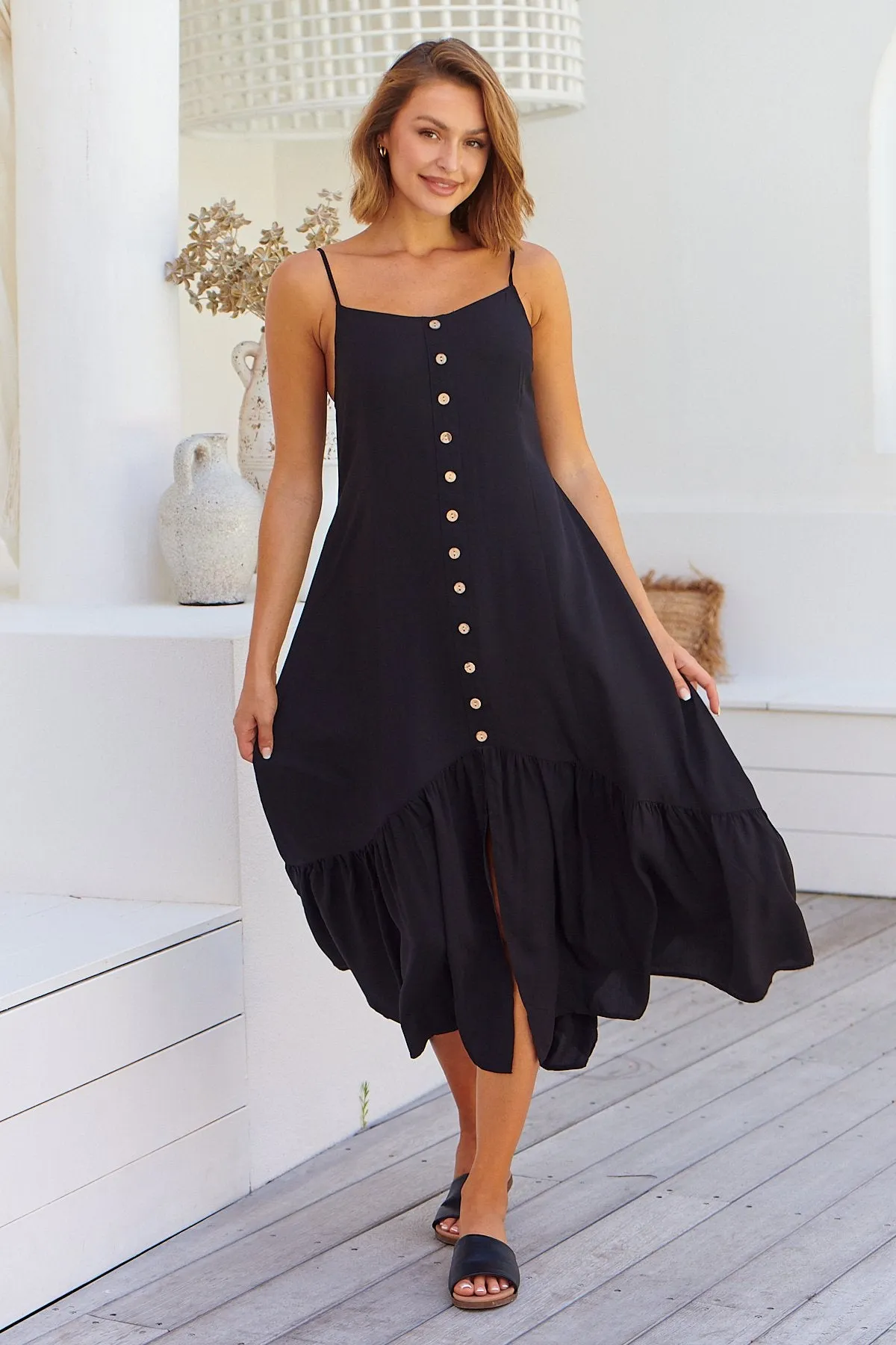 Megan Black Button Front Midi Dress