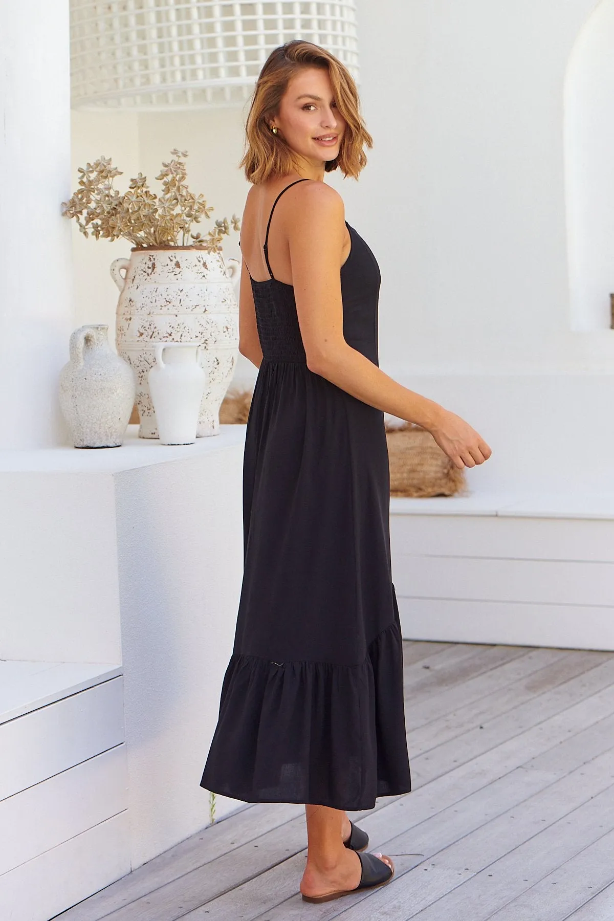 Megan Black Button Front Midi Dress