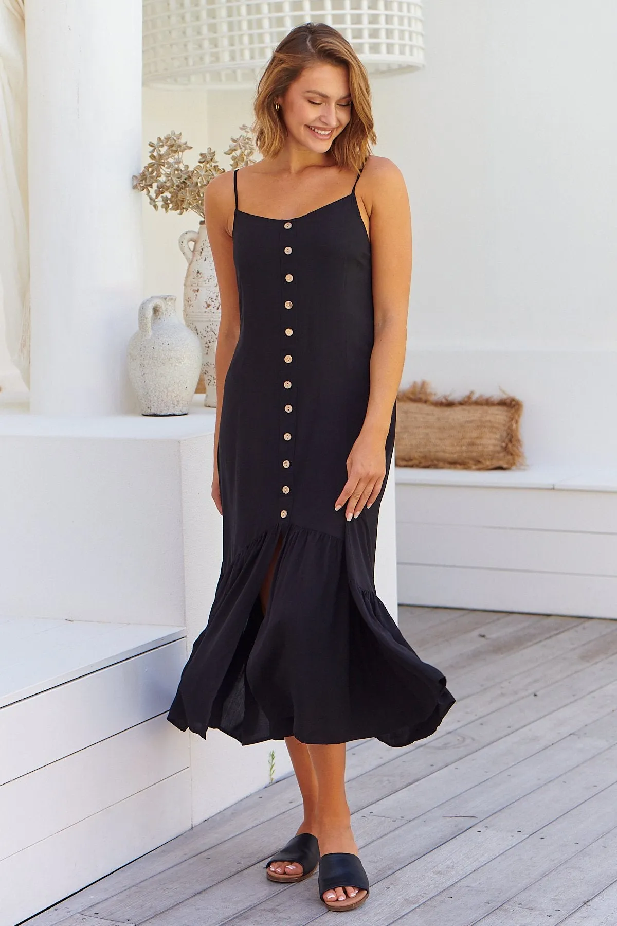 Megan Black Button Front Midi Dress