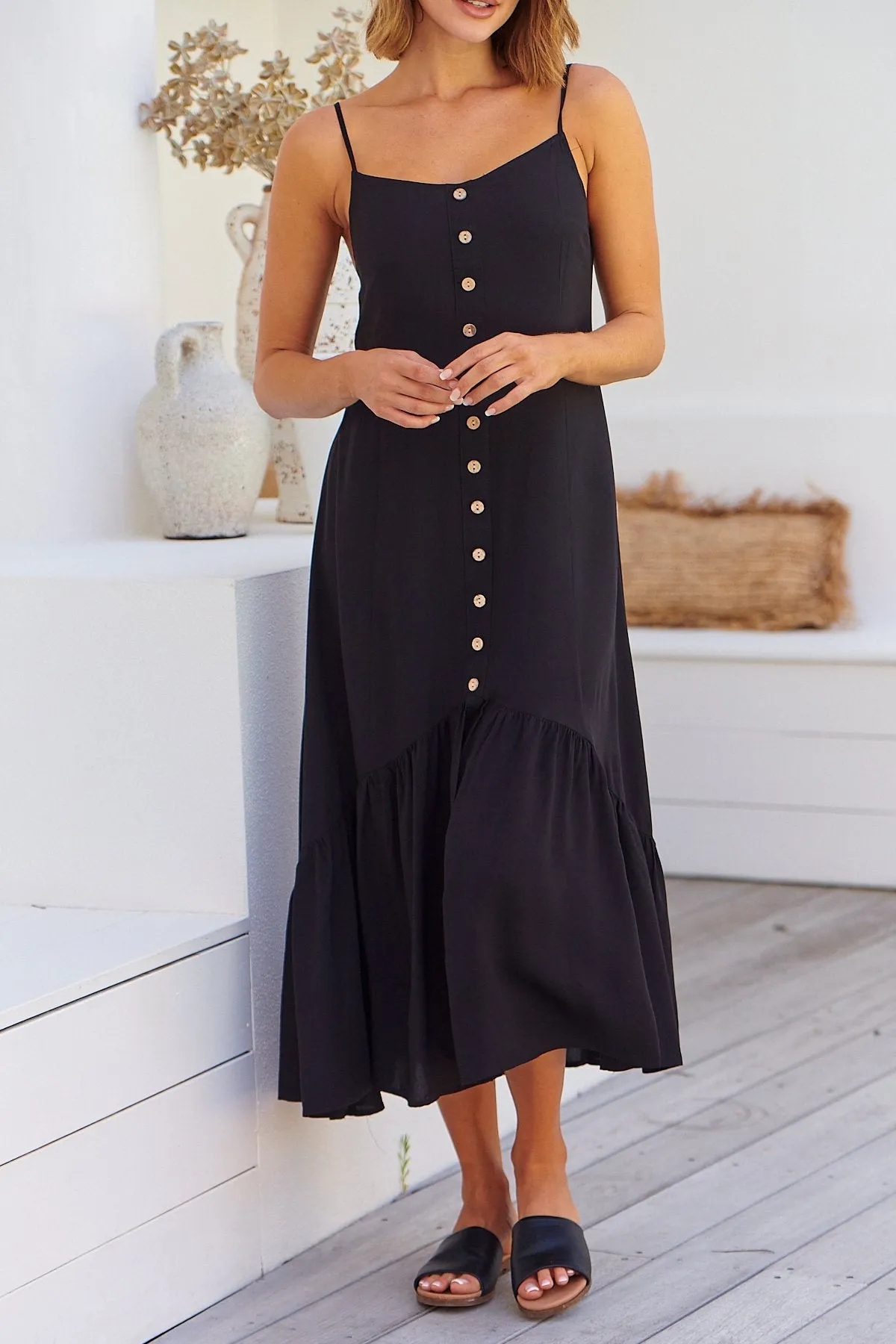 Megan Black Button Front Midi Dress