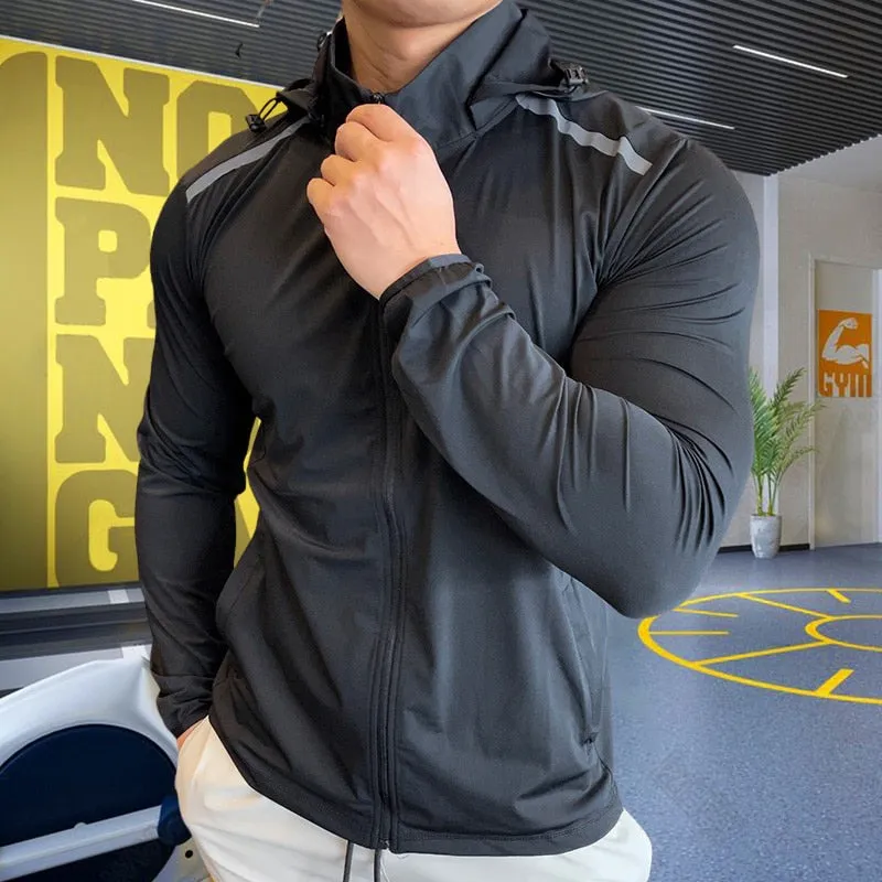 Men Fitness Training Jackets Zipper Pocket Hooded Workout Coat Gym Sportswear Running Hoodies Outdoor Sport Hiking Clothing Tops