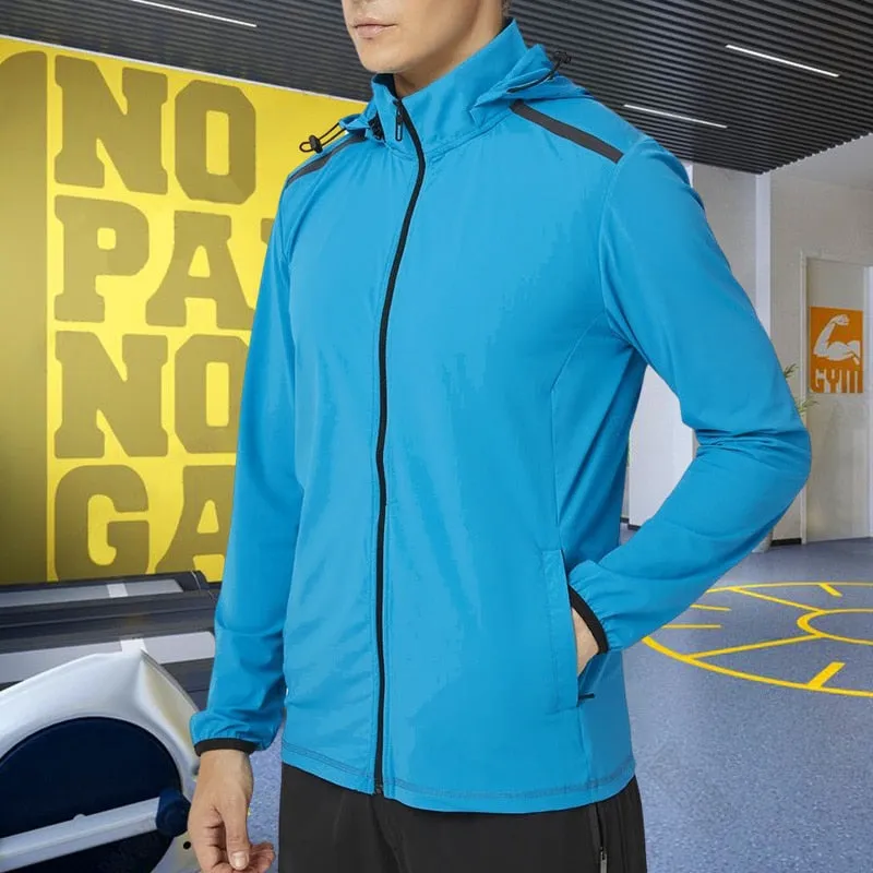 Men Fitness Training Jackets Zipper Pocket Hooded Workout Coat Gym Sportswear Running Hoodies Outdoor Sport Hiking Clothing Tops