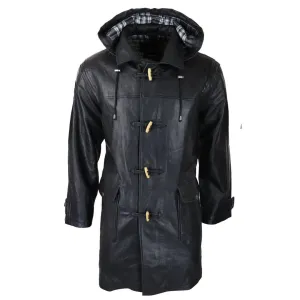 Mens Black Real Leather Duffle Jacket Coat Toggle Classic Fisherman Hooded 3/4