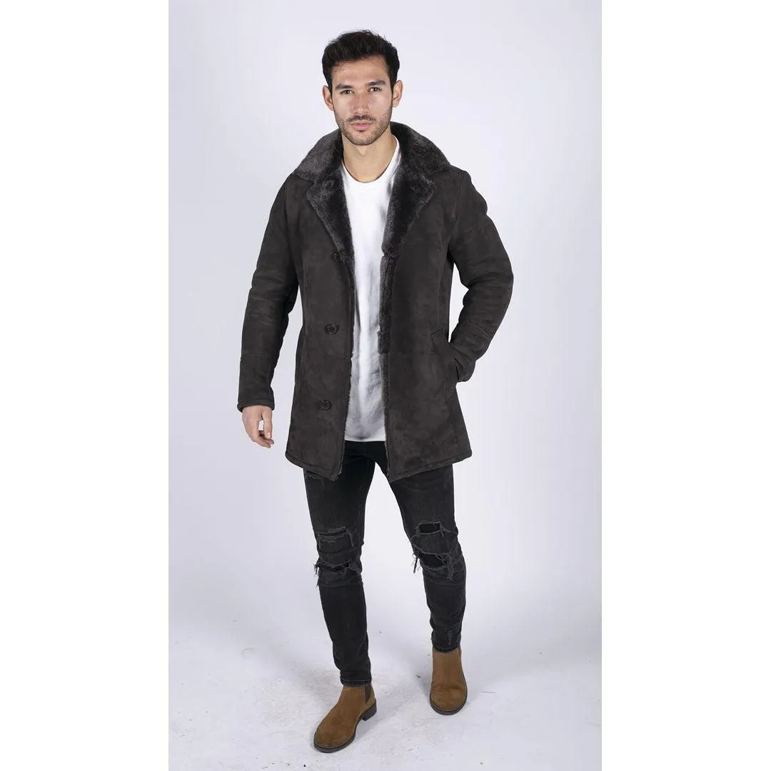 Mens Real Sheepskin Coat Brown Vintage Classic 3/4 Jacket Button Down V Neck