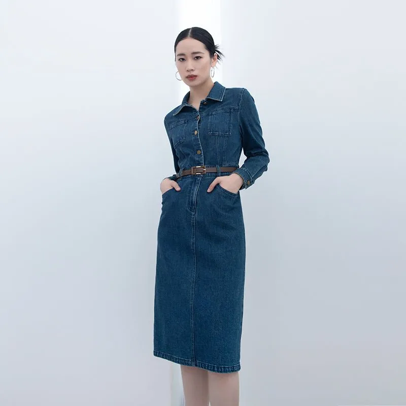 Midnight Blue Denim Slim Midi Dresses