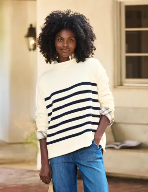 MONTEREY Rolled Neck Cotton Sweater in Cream/Navy Stripe