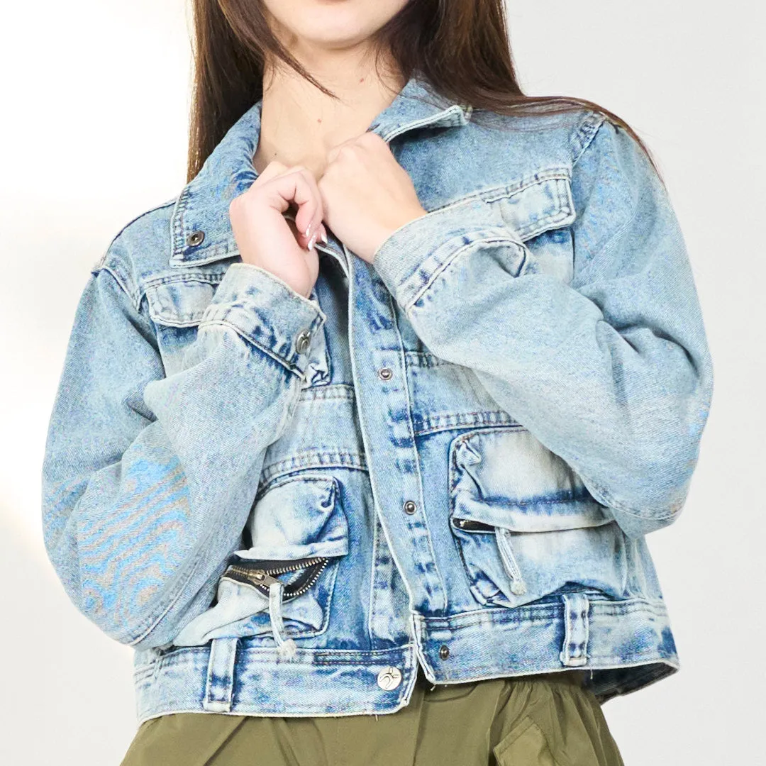 Multi-pocket distressed denim jacket wholesale