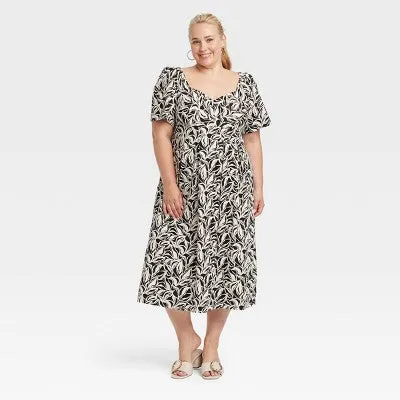 New - Women's Short Sleeve Midi Dress - A New Day Black/White Floral 24