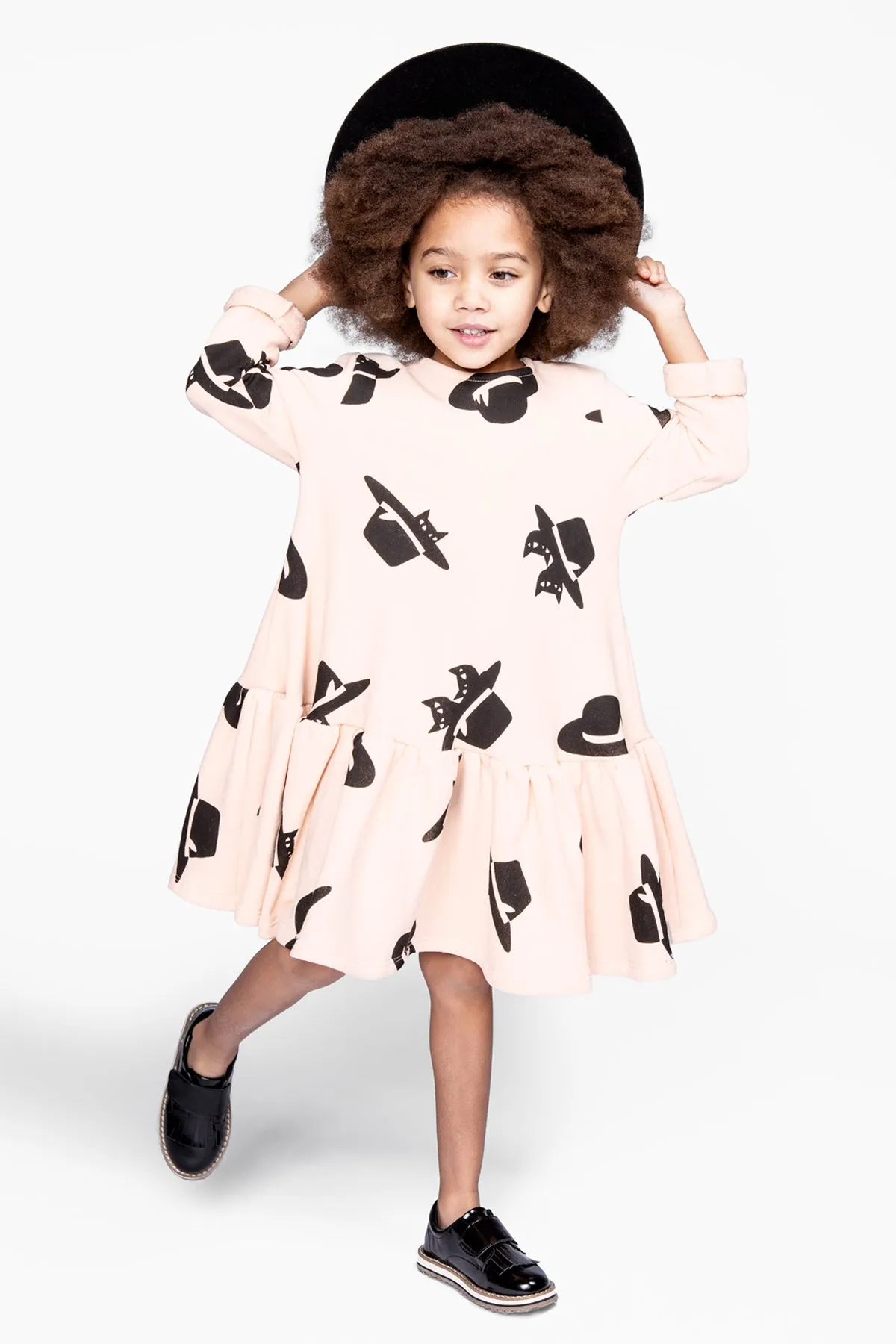 OMAMImini Cats And Hats Ruffle Girls Dress - Pale Pink