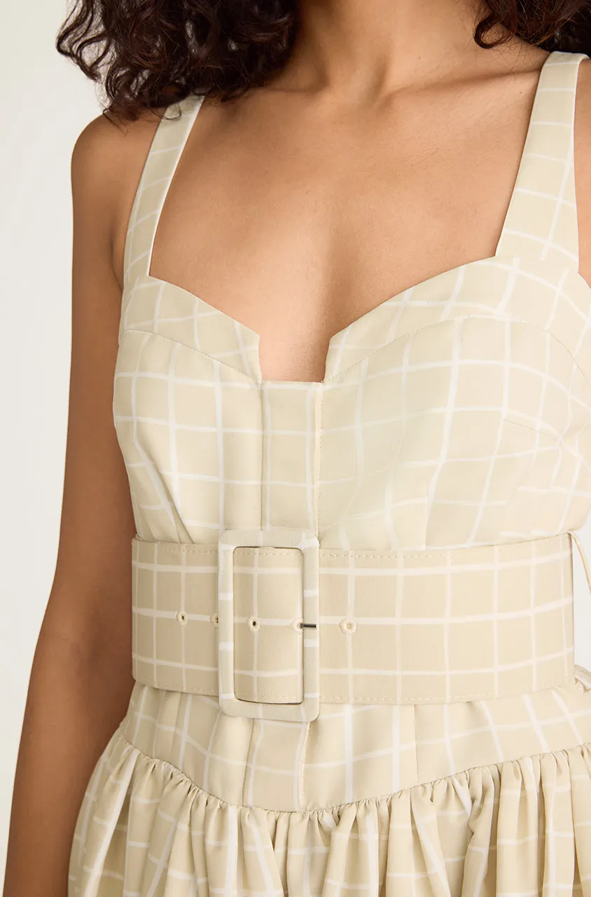 Painterly Windowpane Belted Bustier Dress