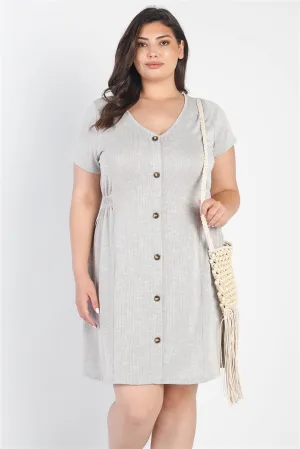 Plus Warm Grey Textured Button-up Short Sleeve Mini Dress