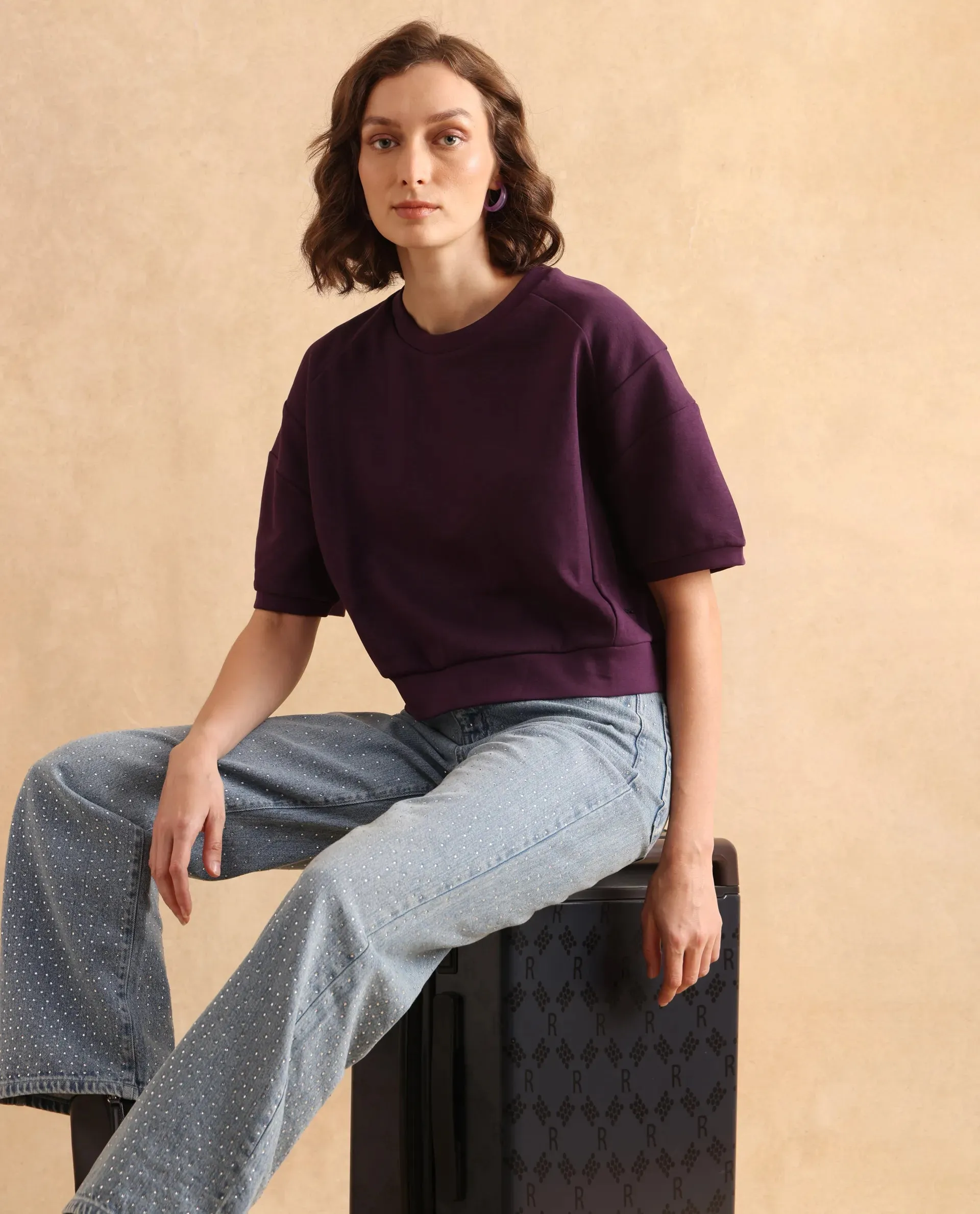 Rareism Women Ganges Purple Cotton Blend Fabric Short Sleeve Crew Neck Relaxed Fit Cropped Plain Sweatshirt