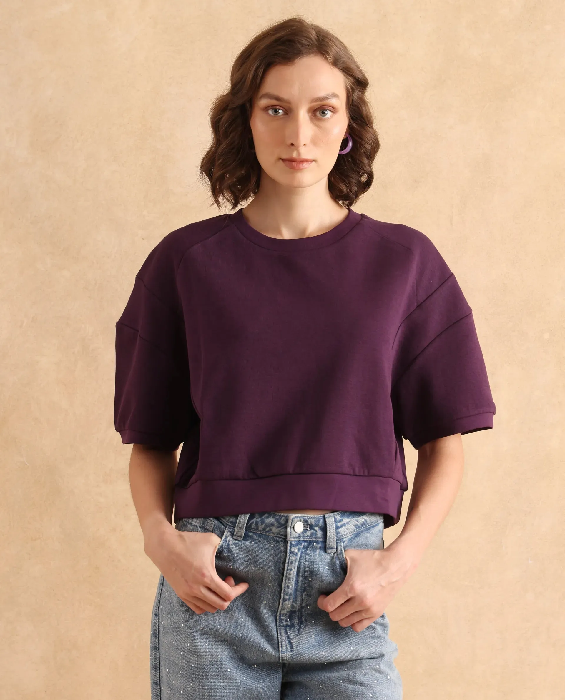 Rareism Women Ganges Purple Cotton Blend Fabric Short Sleeve Crew Neck Relaxed Fit Cropped Plain Sweatshirt