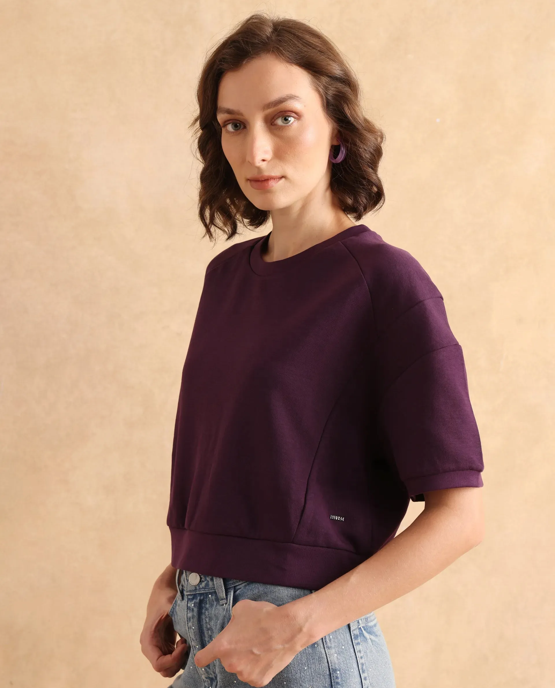 Rareism Women Ganges Purple Cotton Blend Fabric Short Sleeve Crew Neck Relaxed Fit Cropped Plain Sweatshirt