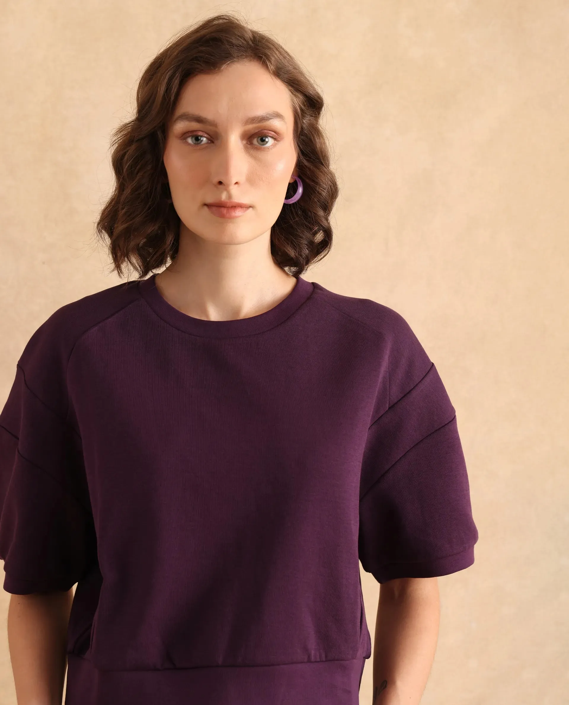 Rareism Women Ganges Purple Cotton Blend Fabric Short Sleeve Crew Neck Relaxed Fit Cropped Plain Sweatshirt