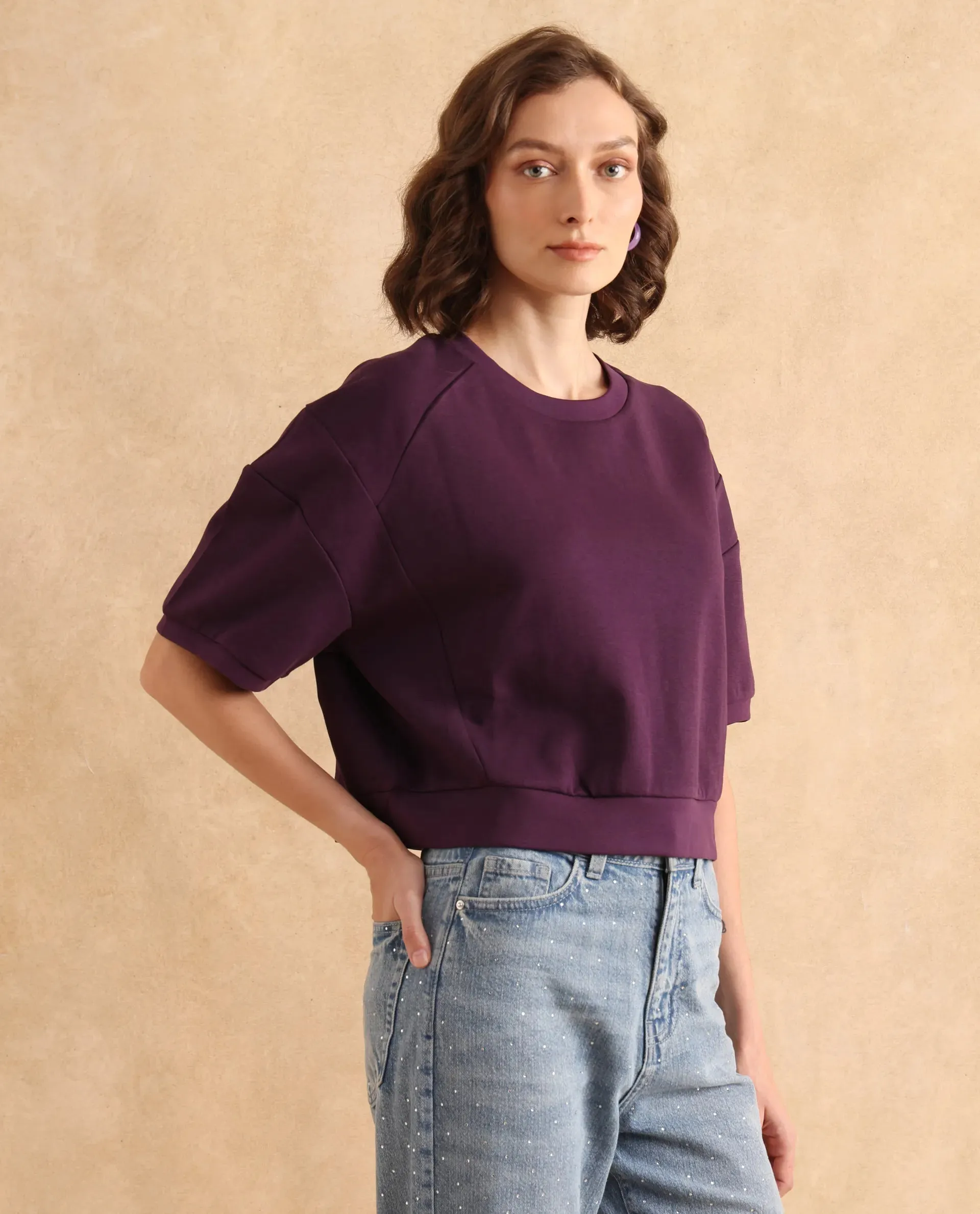 Rareism Women Ganges Purple Cotton Blend Fabric Short Sleeve Crew Neck Relaxed Fit Cropped Plain Sweatshirt