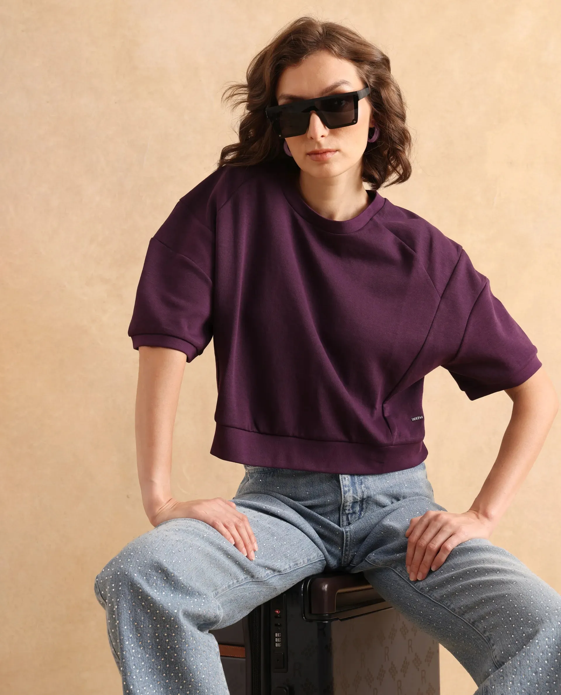 Rareism Women Ganges Purple Cotton Blend Fabric Short Sleeve Crew Neck Relaxed Fit Cropped Plain Sweatshirt