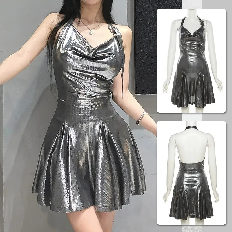 Sexy Silver Suspender Halterneck Dress (fully)