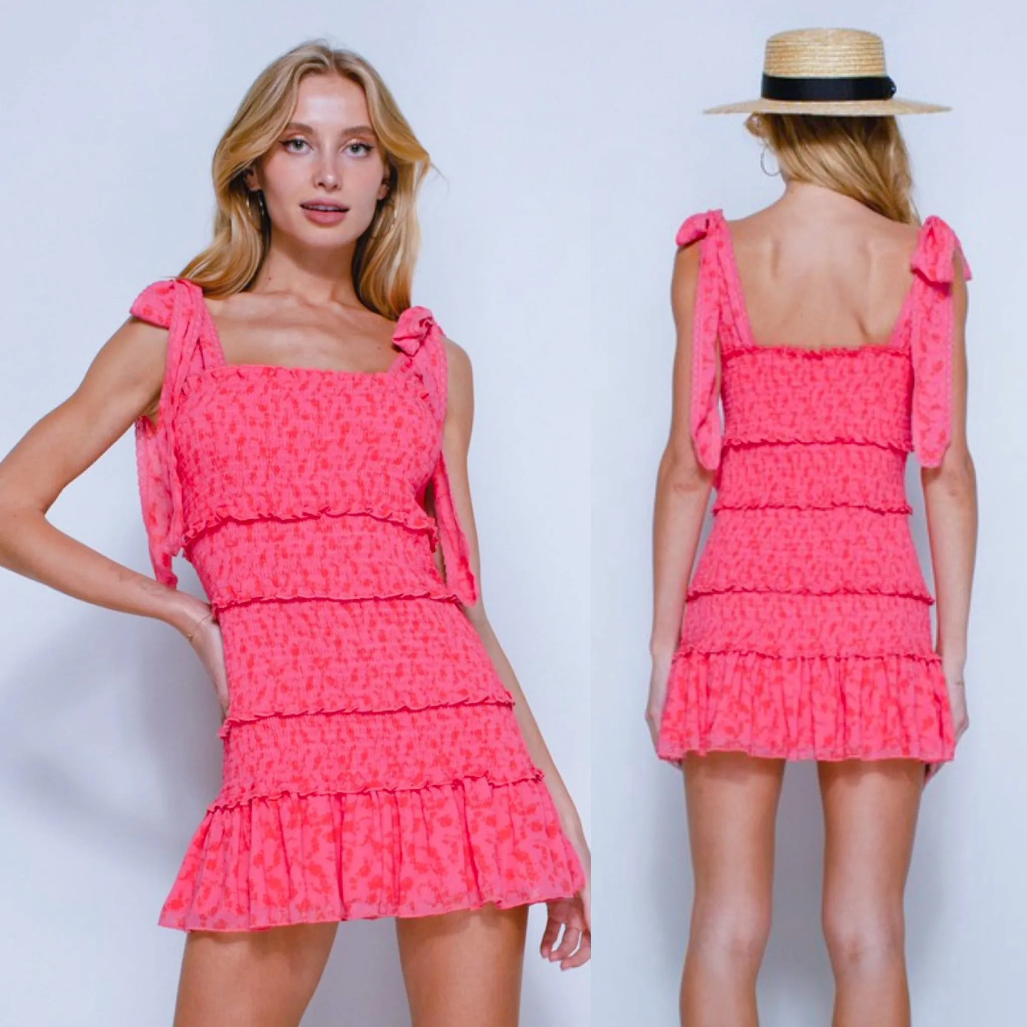 So In Love Smocked Floral Tiered Mini Dress: Fuchsia