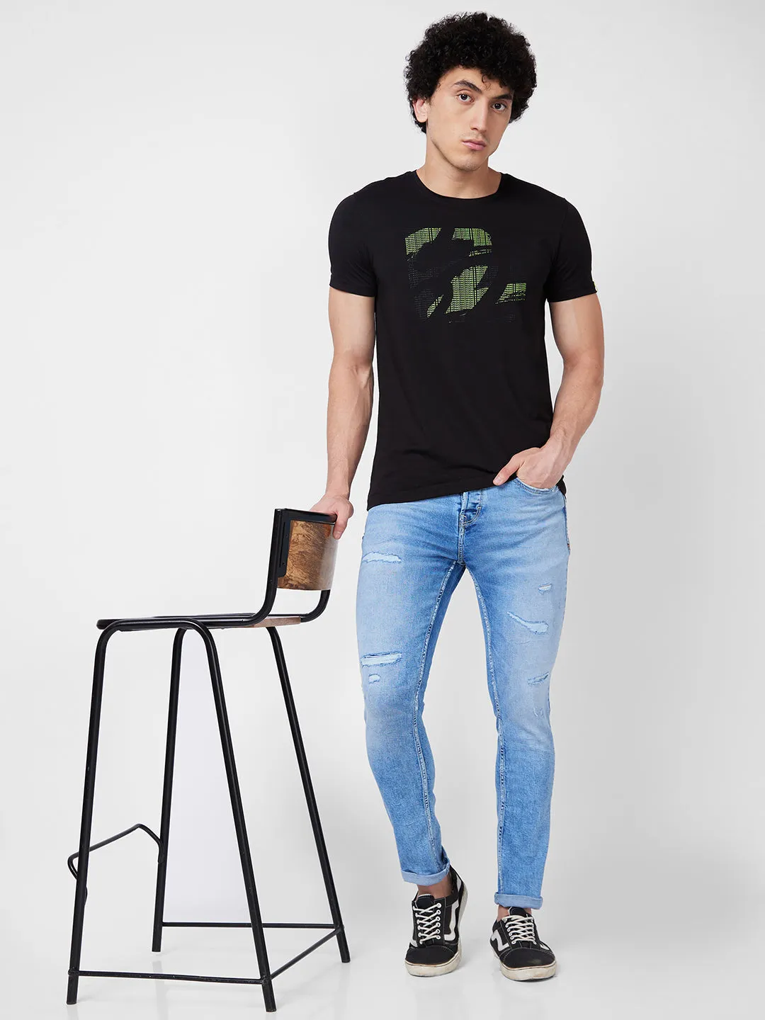 Spykar ROUND NECK HALF SLEEVES Black T-shirt  For Men