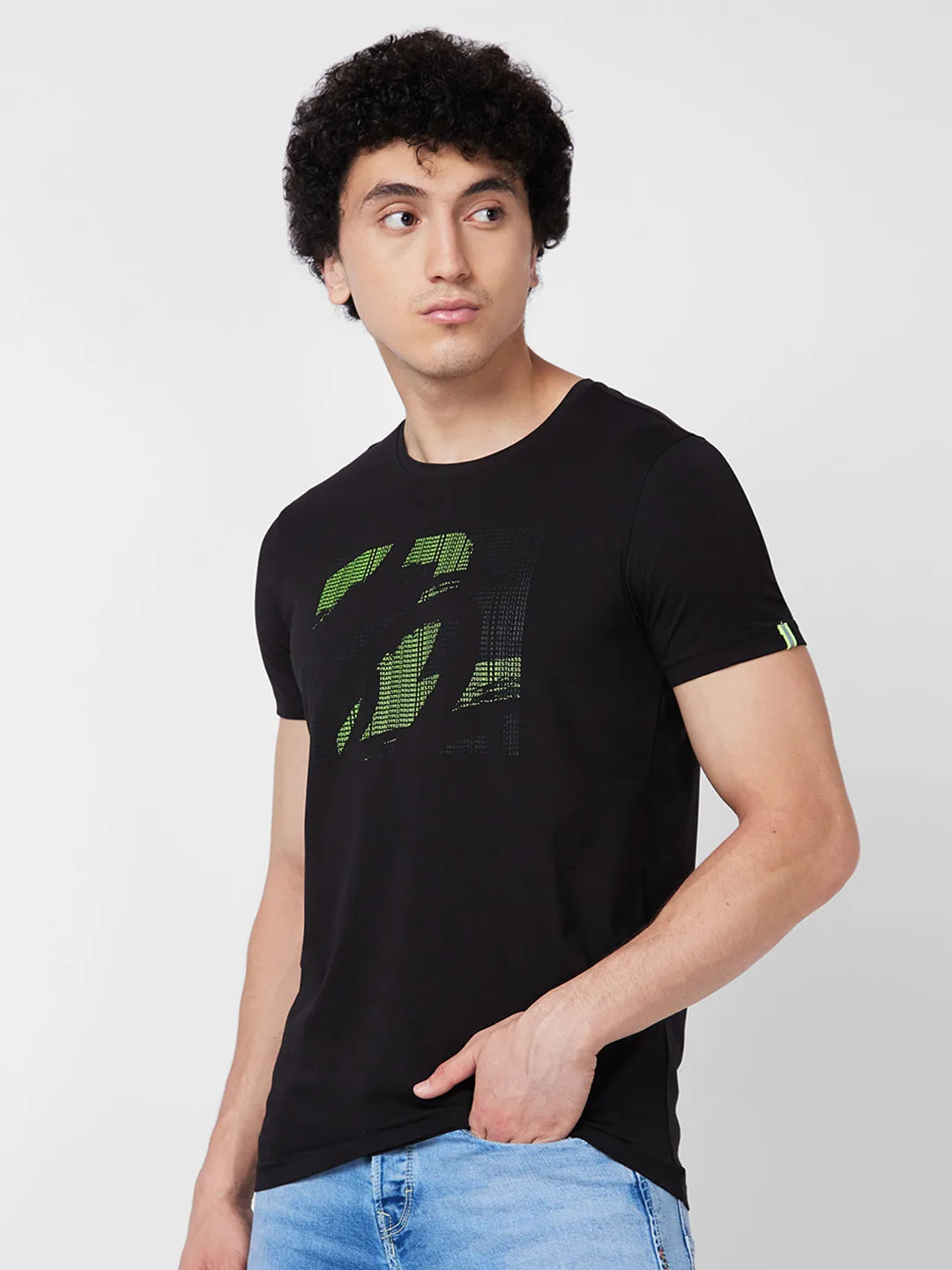 Spykar ROUND NECK HALF SLEEVES Black T-shirt  For Men