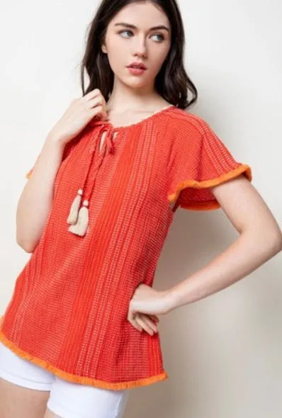 THML Orange Raglan Top with Fringe Detail