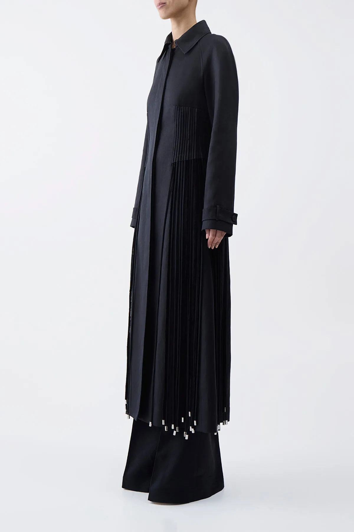 Torres Fringe Coat in Black Textured Linen