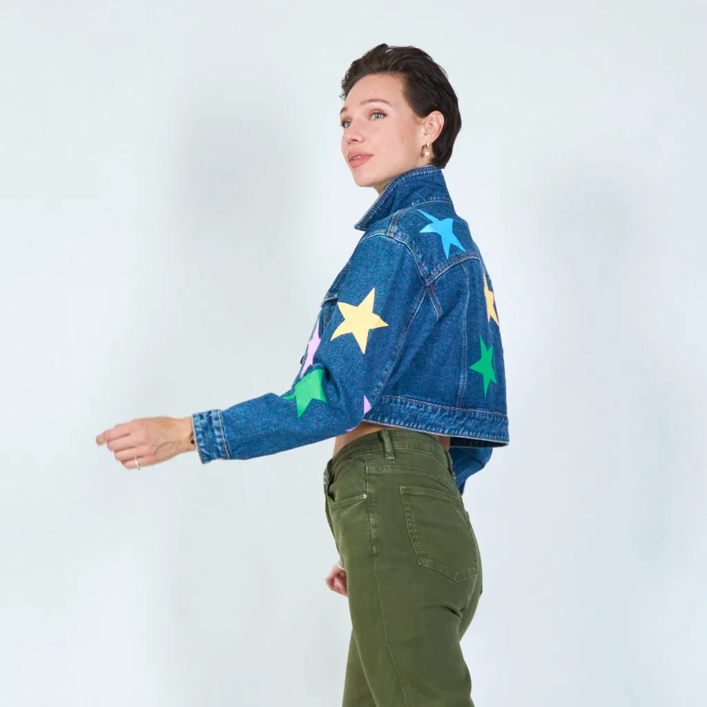 Trendy denim jacket with colorful star print wholesale