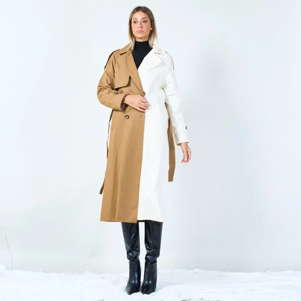 Trendy two-tone long trench coat wholesale