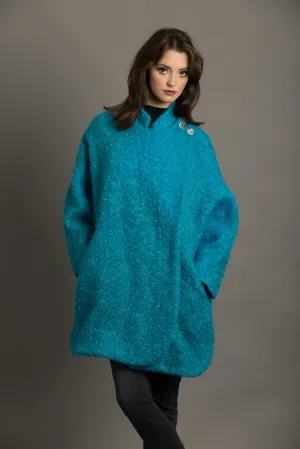 Turquoise Boucle Wool-Ladies cape coat.