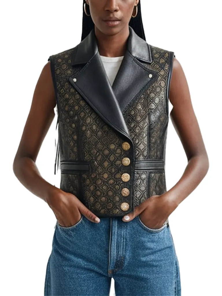 Women's Embossed Black Leather Vest