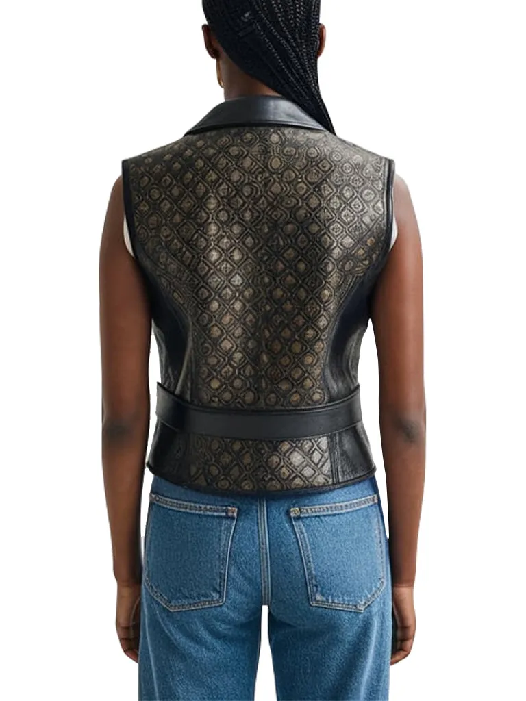 Women's Embossed Black Leather Vest