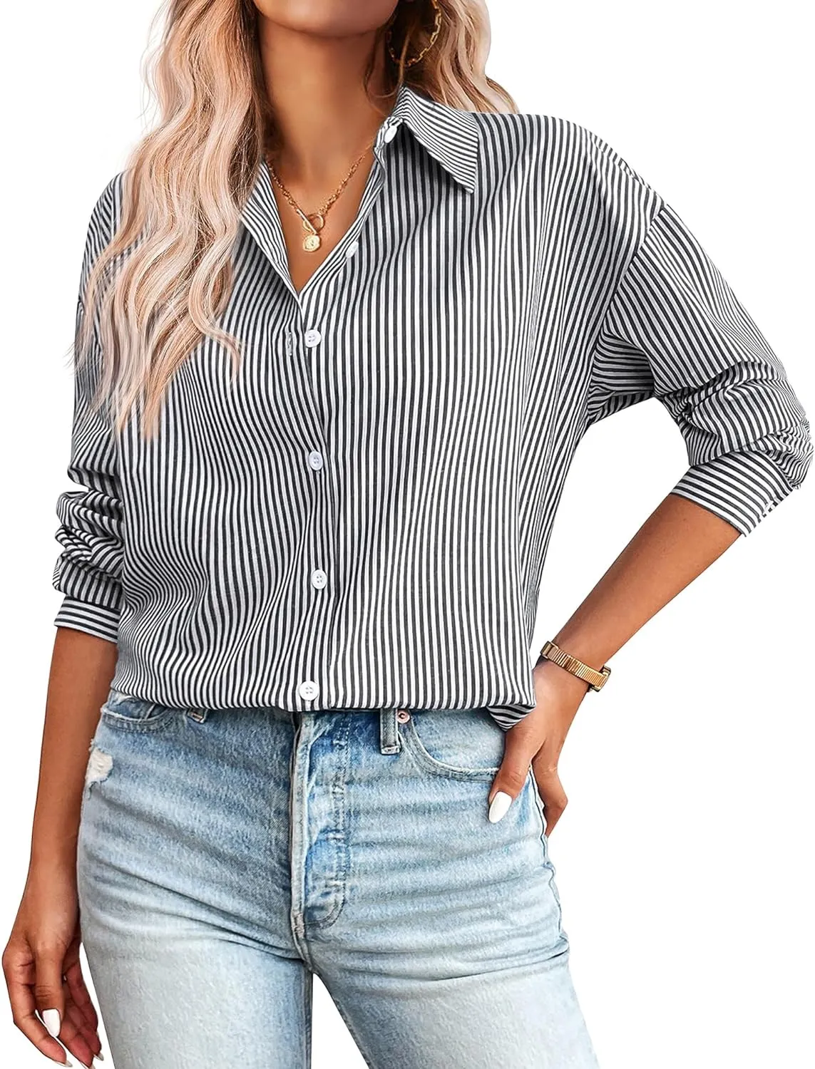 Zeagoo Womens Button Down Shirts for Women Loose Striped Long Sleeve Cotton Blouses Dressy Casual Buisness Work Tunic Top