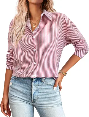 Zeagoo Womens Button Down Shirts for Women Loose Striped Long Sleeve Cotton Blouses Dressy Casual Buisness Work Tunic Top