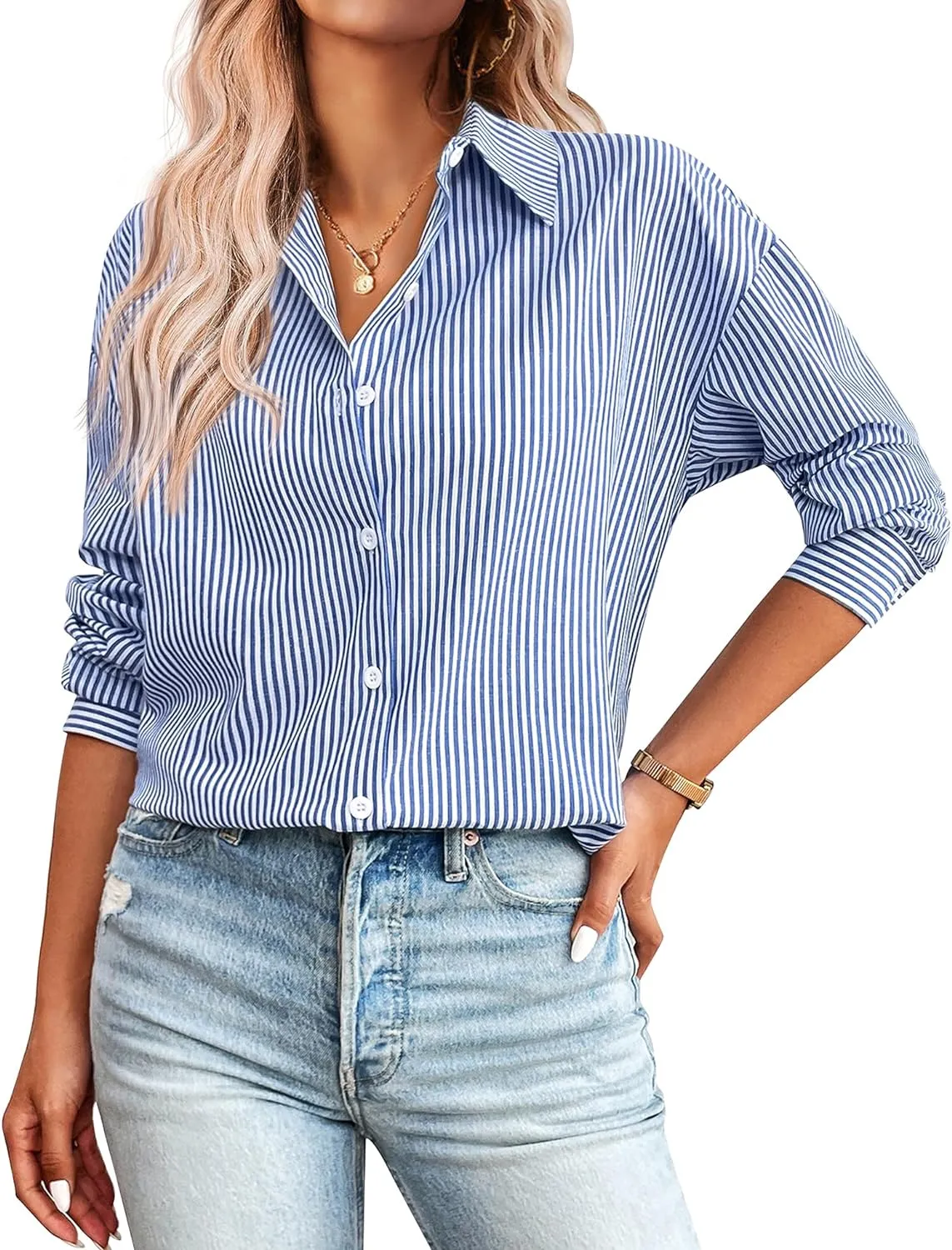 Zeagoo Womens Button Down Shirts for Women Loose Striped Long Sleeve Cotton Blouses Dressy Casual Buisness Work Tunic Top