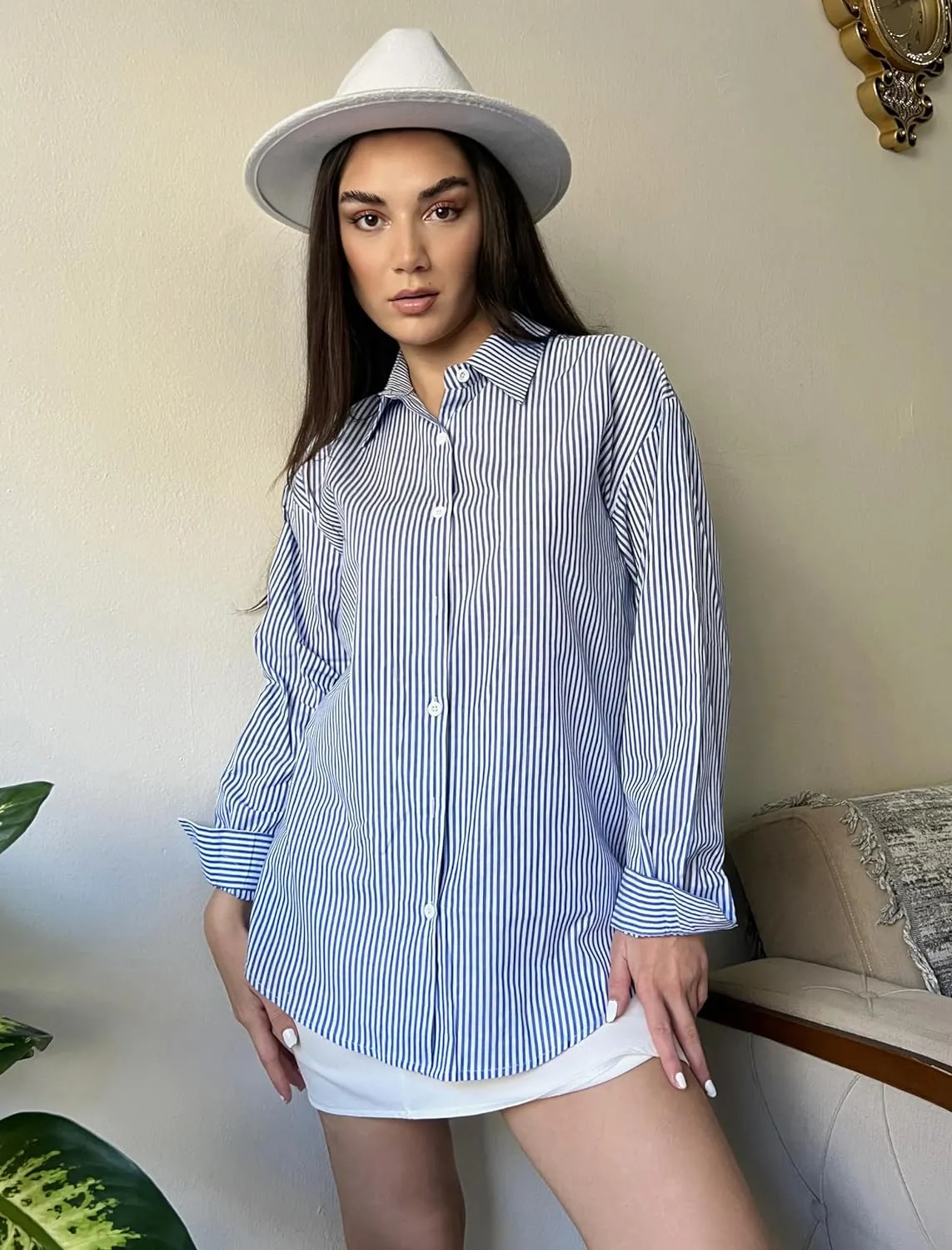 Zeagoo Womens Button Down Shirts for Women Loose Striped Long Sleeve Cotton Blouses Dressy Casual Buisness Work Tunic Top