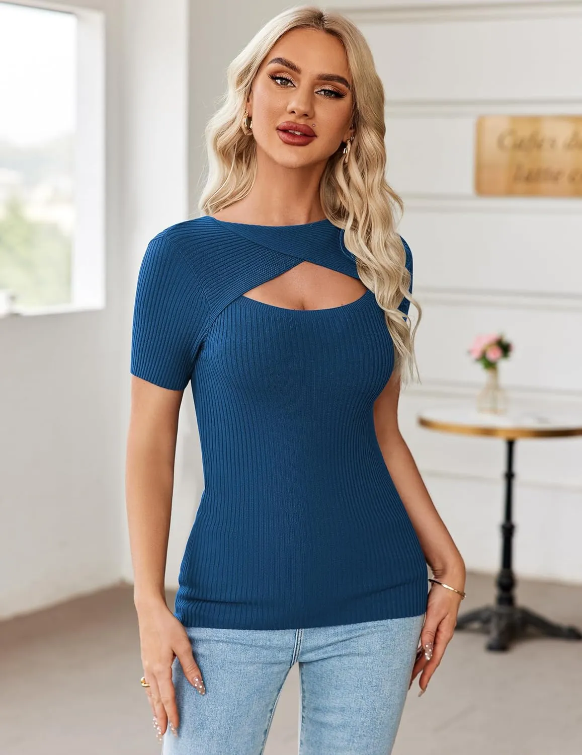 Zeagoo Womens Short Sleeve T Shirts 2024 Summer Casual Knit Slim Fit Trendy Basic Cute Sweater Tops