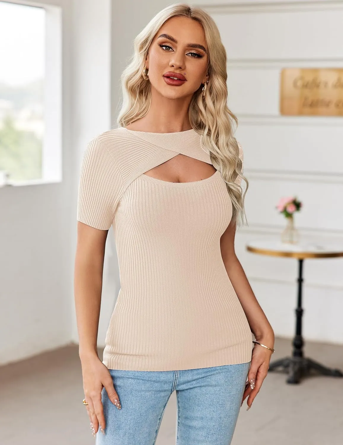 Zeagoo Womens Short Sleeve T Shirts 2024 Summer Casual Knit Slim Fit Trendy Basic Cute Sweater Tops