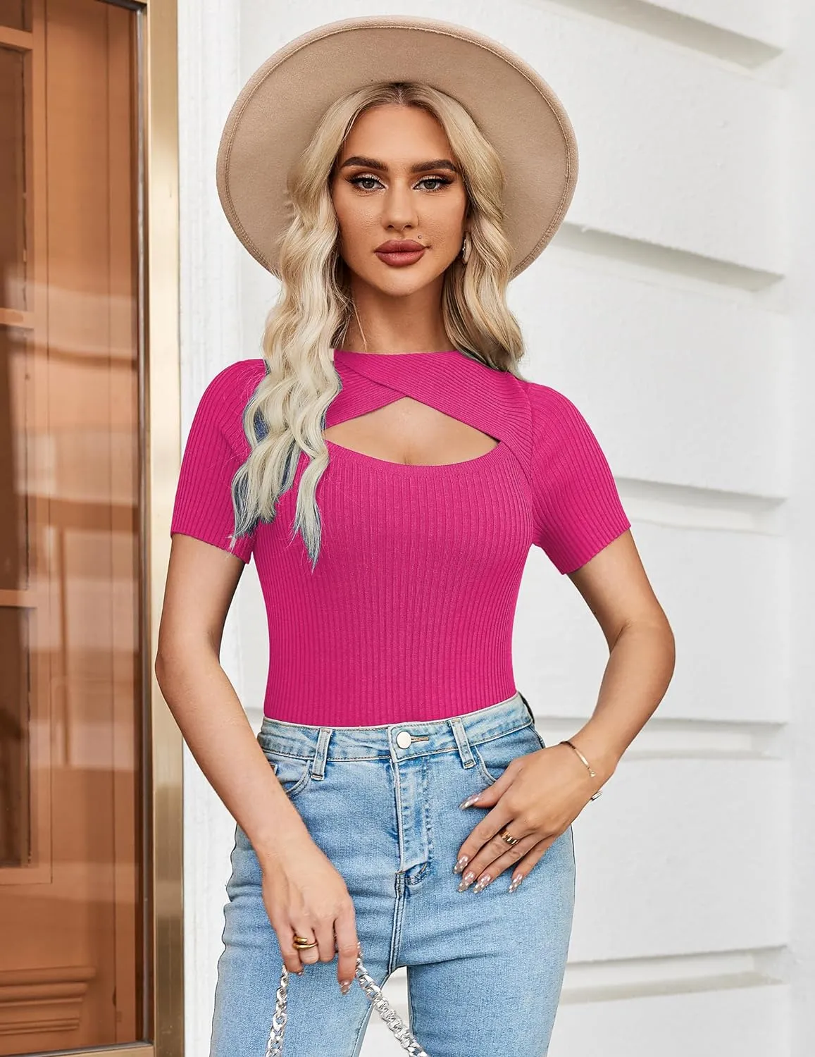 Zeagoo Womens Short Sleeve T Shirts 2024 Summer Casual Knit Slim Fit Trendy Basic Cute Sweater Tops