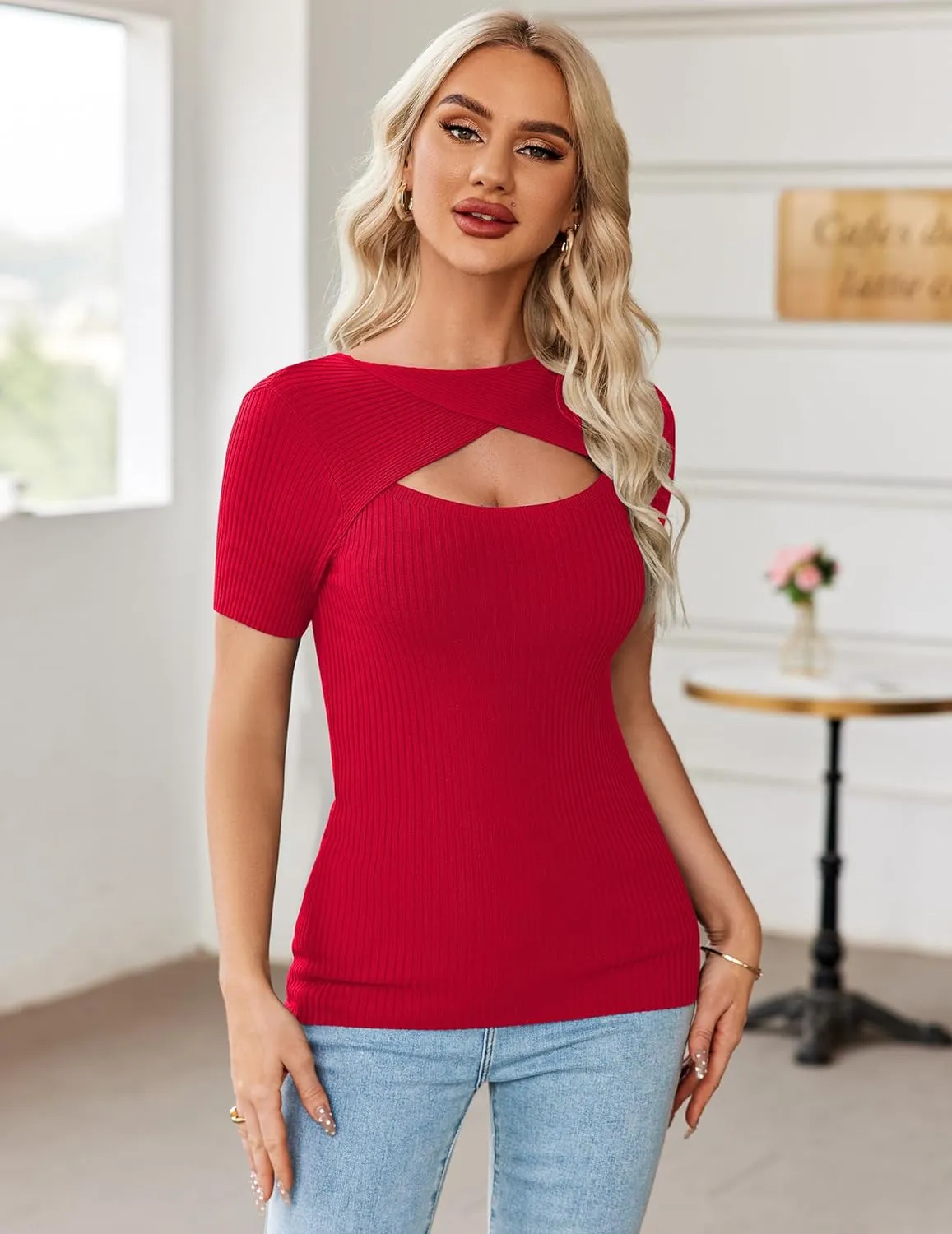 Zeagoo Womens Short Sleeve T Shirts 2024 Summer Casual Knit Slim Fit Trendy Basic Cute Sweater Tops